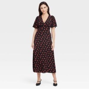 Women's Short Sleeve Maxi Sundress - A New Day Black/Red Lip Print Sz 4